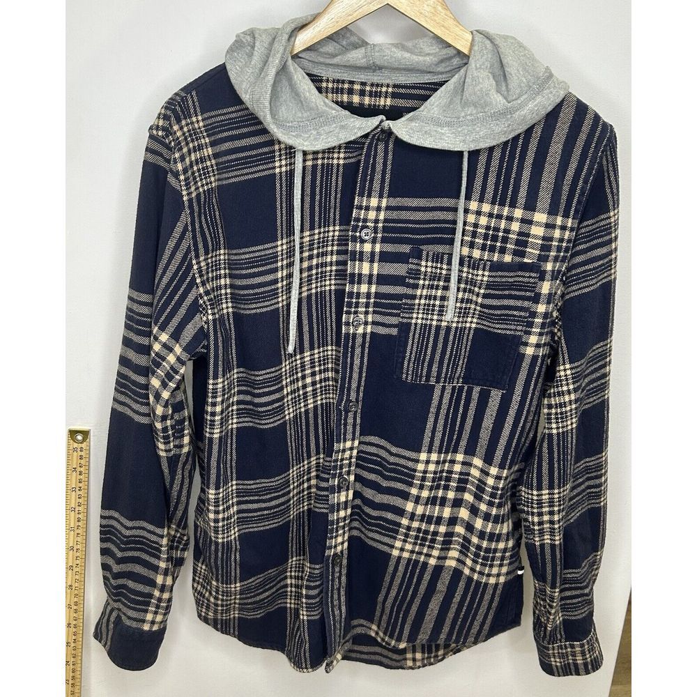 Edgar + Ash Mens Hooded Flannel Sz Medium Blue Plaid Button Down Long Sleeve‎
